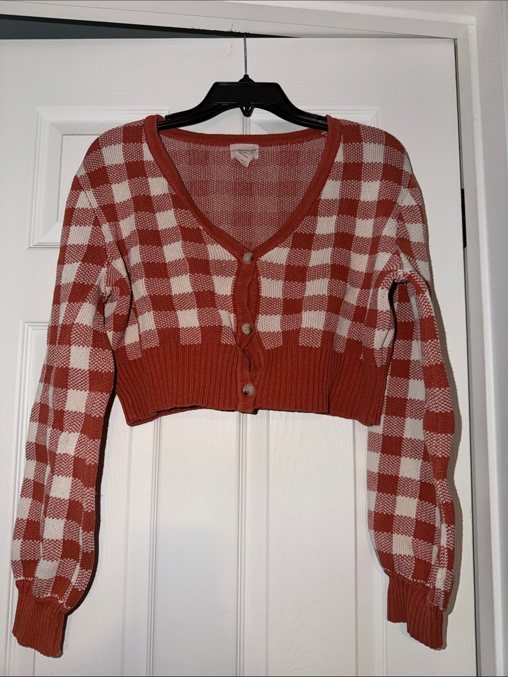 Glamorous Rust & Cream Checkered Cropped V-Neck Cardigan